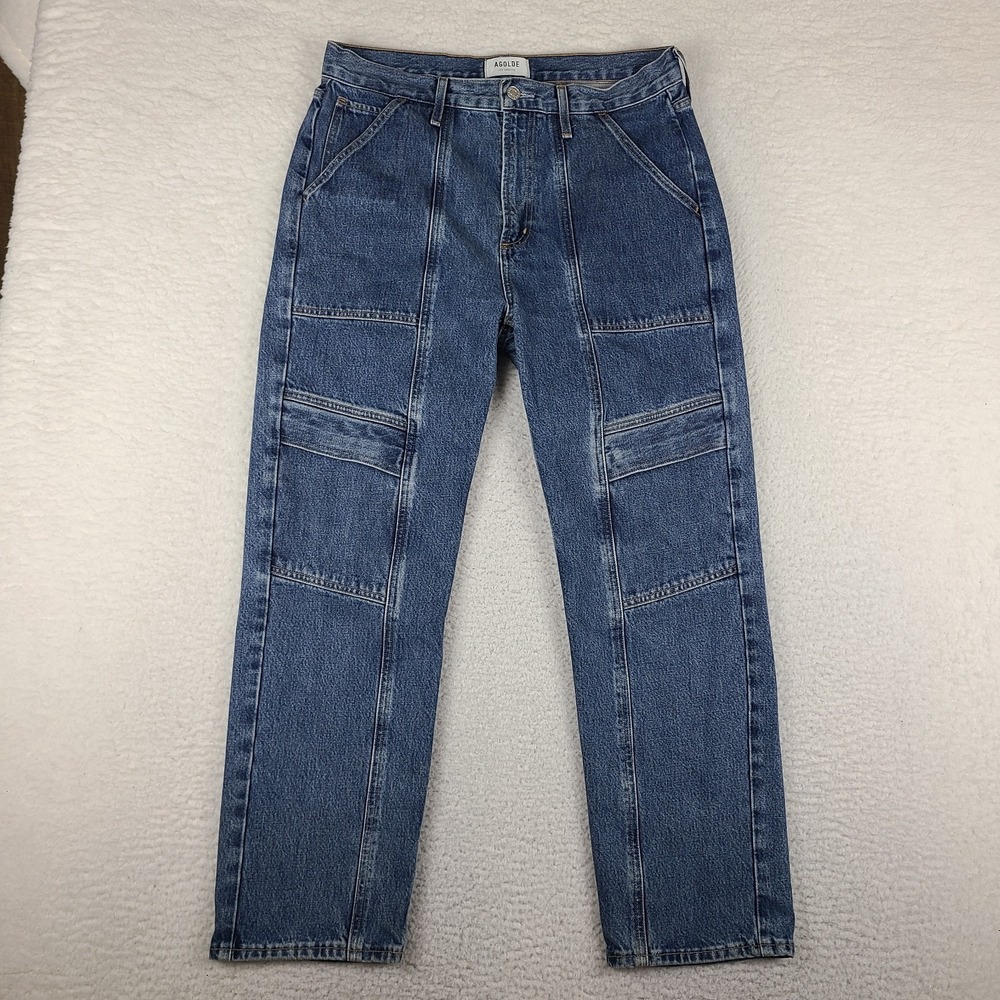 Agolde Straight Leg Patchwork Jeans in Medium Blue